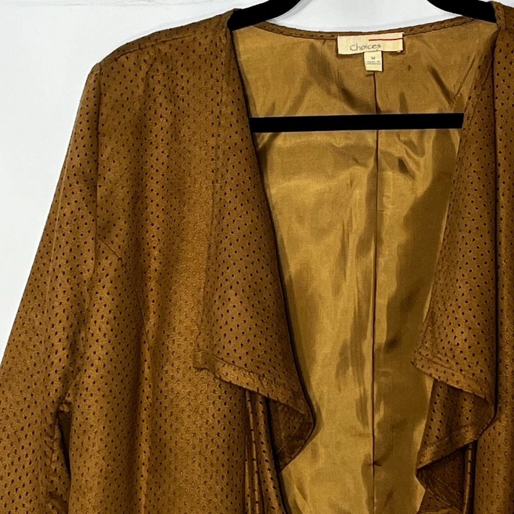 Choices Womens Camel Brown Perforated Faux Suede Draped Open Front Jacket M - Picture 3 of 8
